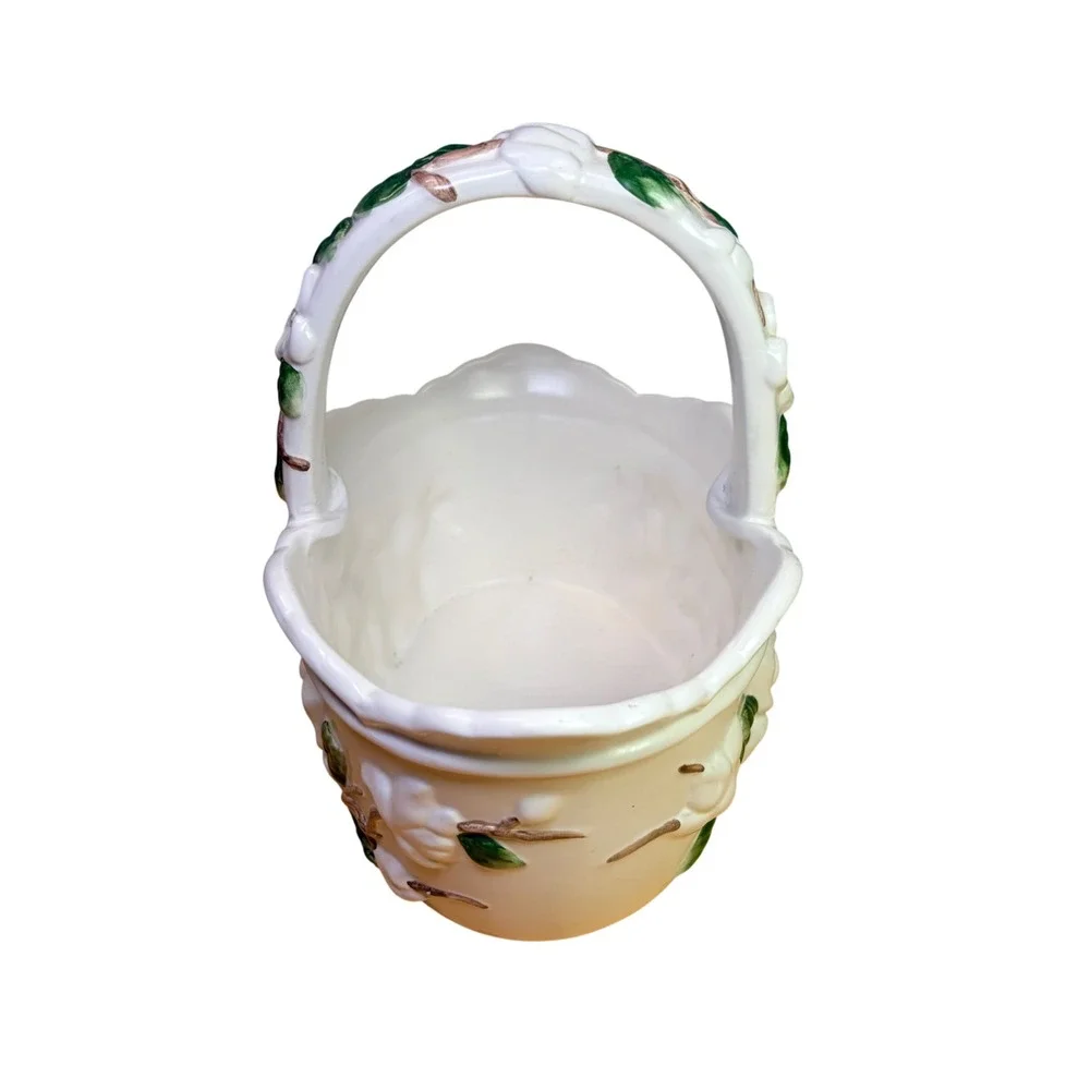 Napco Ceramic Magnolia Flower Basket Planter Vase White Green Rare Retro Vintage